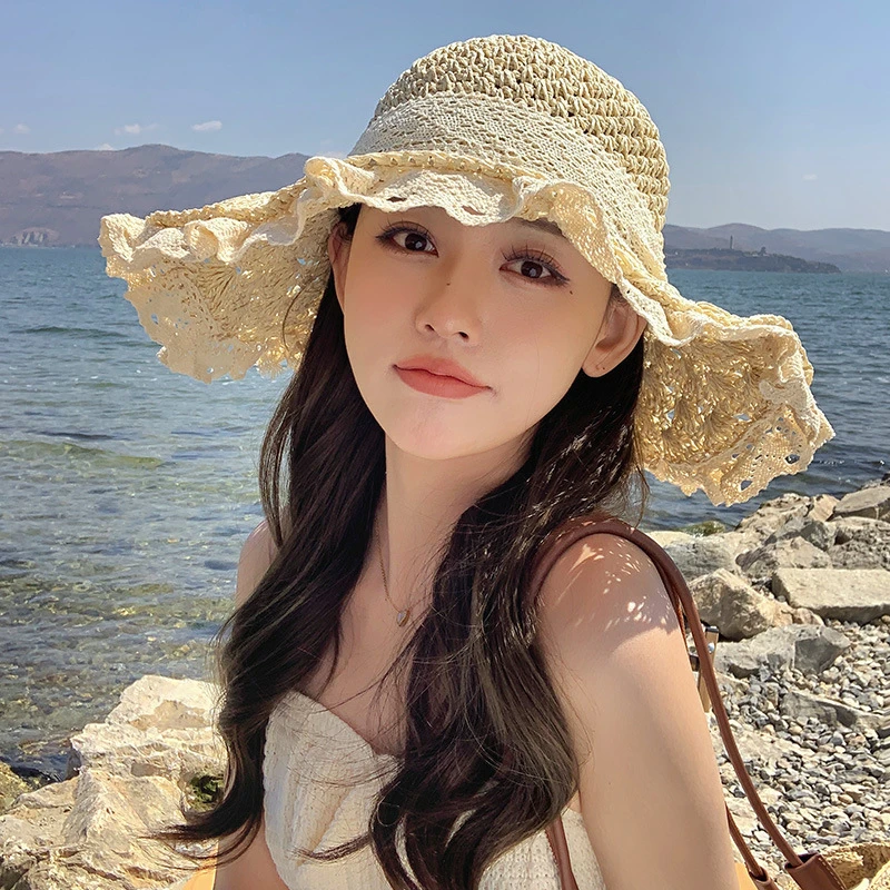 2025新款法式草帽女夏季海边帽子沙滩夏蕾丝草编遮阳防晒太阳帽TJ