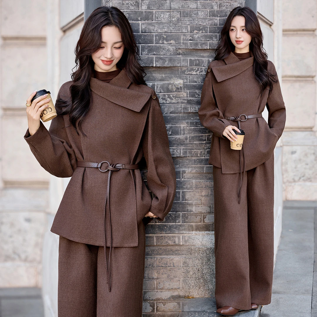 设计感时尚斜肩毛呢套装女2025秋冬新款系带收腰百搭阔腿裤两件套