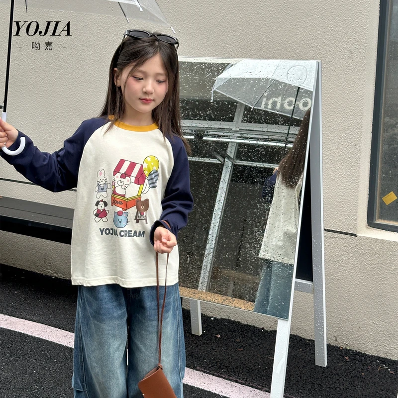 YOJIA女童长袖T恤纯棉春秋款2025新款洋气女孩上衣儿童打底衫秋装