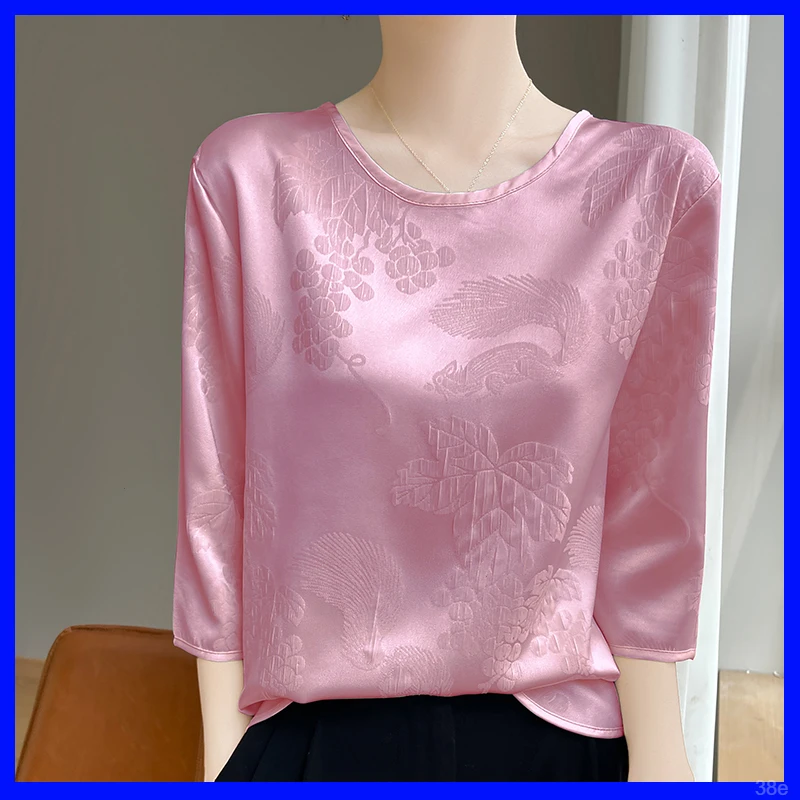 T恤圆领时尚气质浮雕国风缎面轻奢七分袖提花衬衫上衣短袖女新款