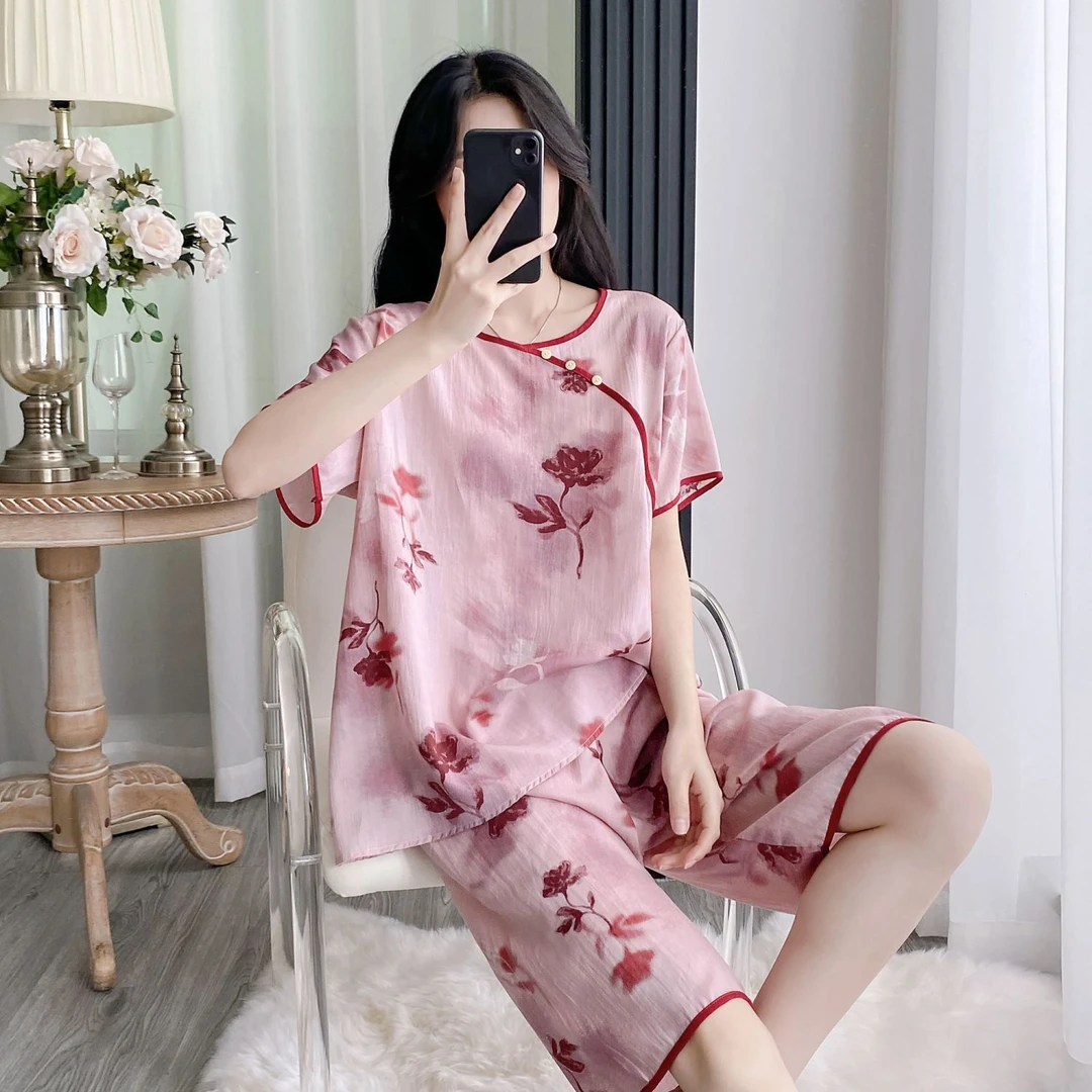睡衣女夏季短袖短裤棉绸宽松大码韩版绵绸人造棉古风可外穿家居服