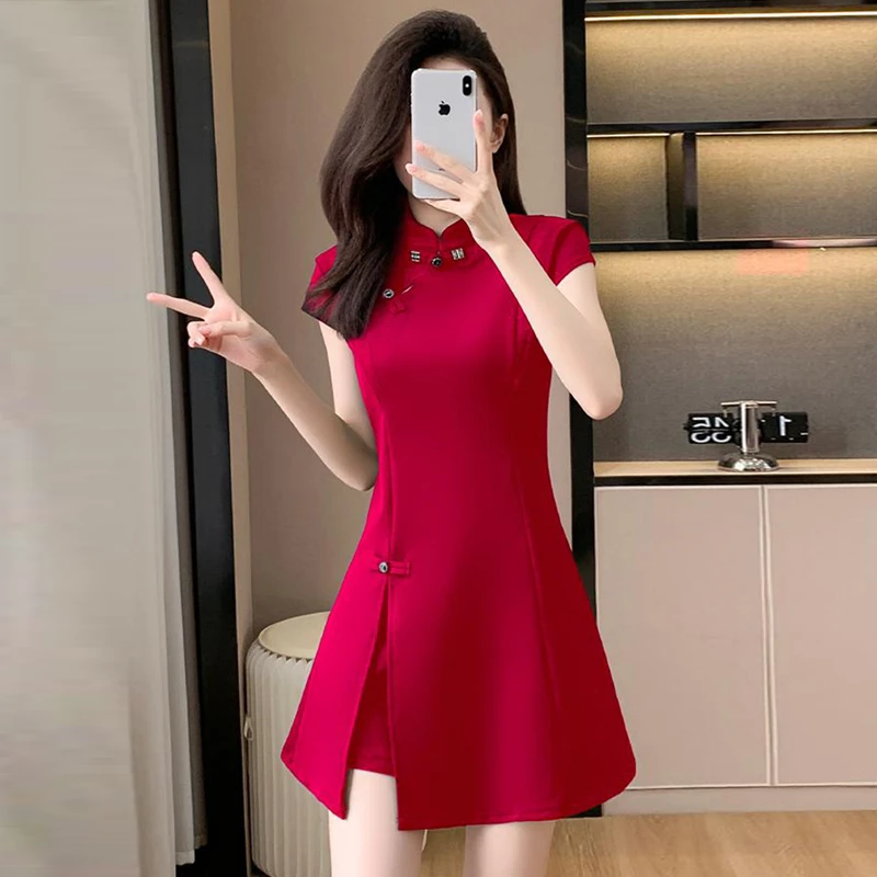 时尚收腰旗袍套装裙女2025年夏季新款中式盘扣上衣内搭短裤两件套