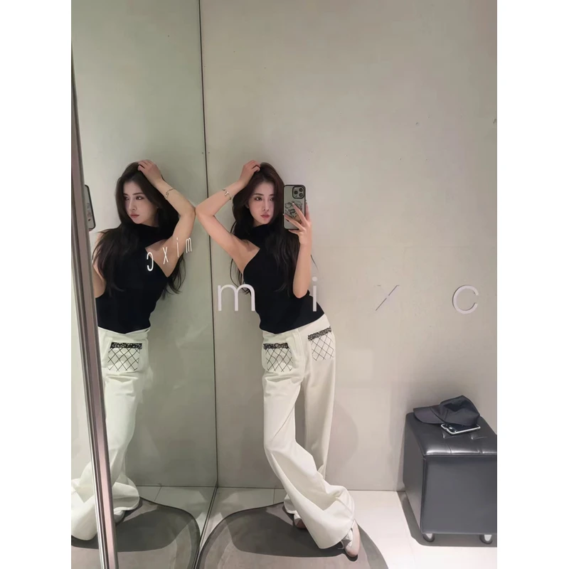 韩系御姐显瘦通勤百搭露肩挂脖上衣配设计感显腿长小香风阔腿裤