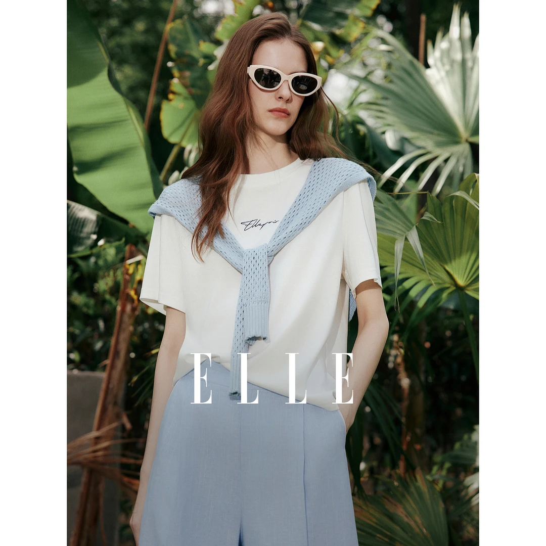 ELLE法式披肩设计感短袖女t恤2025夏日穿搭通勤风休闲上衣ET51857