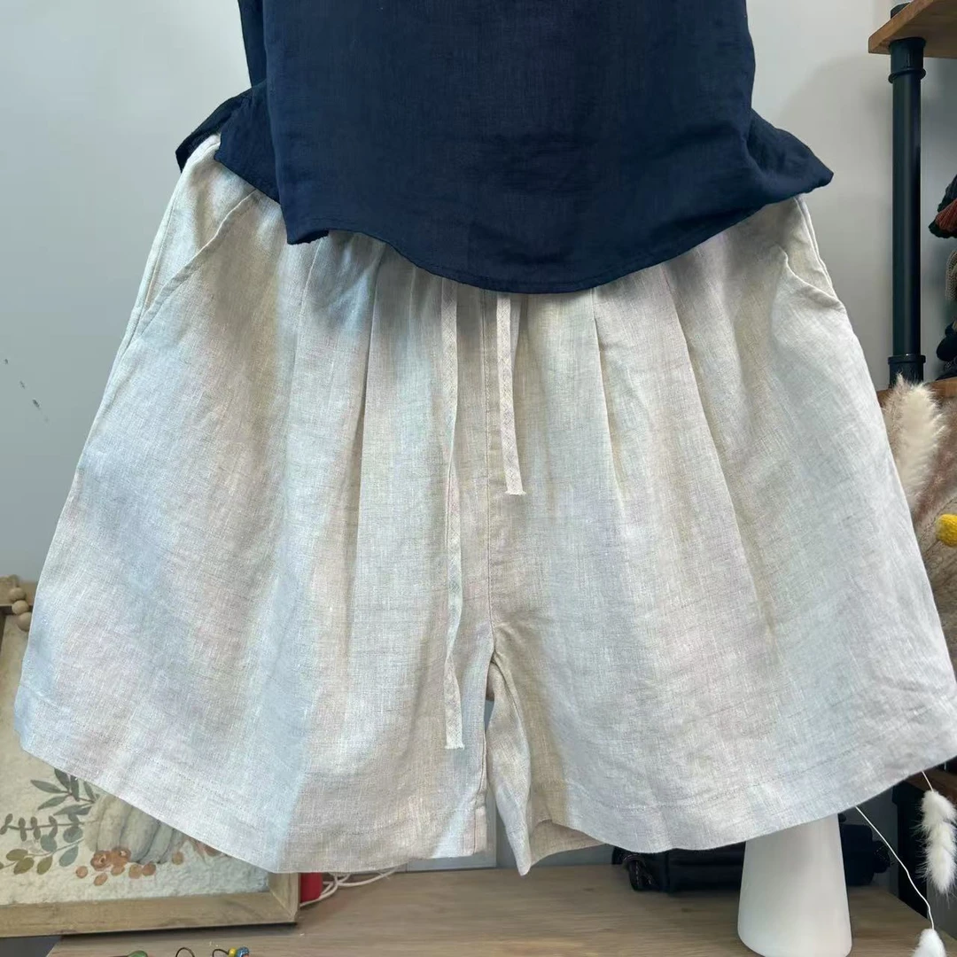依米 夏季新款净版亚麻四分短裤女文艺复古休闲宽松百搭亚麻短裤