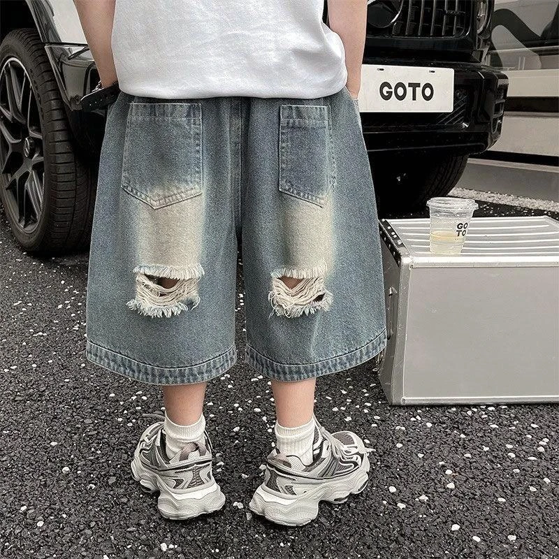 2025年儿童牛仔五分裤夏装新品百搭中大童做旧破洞嘻哈短裤潮
