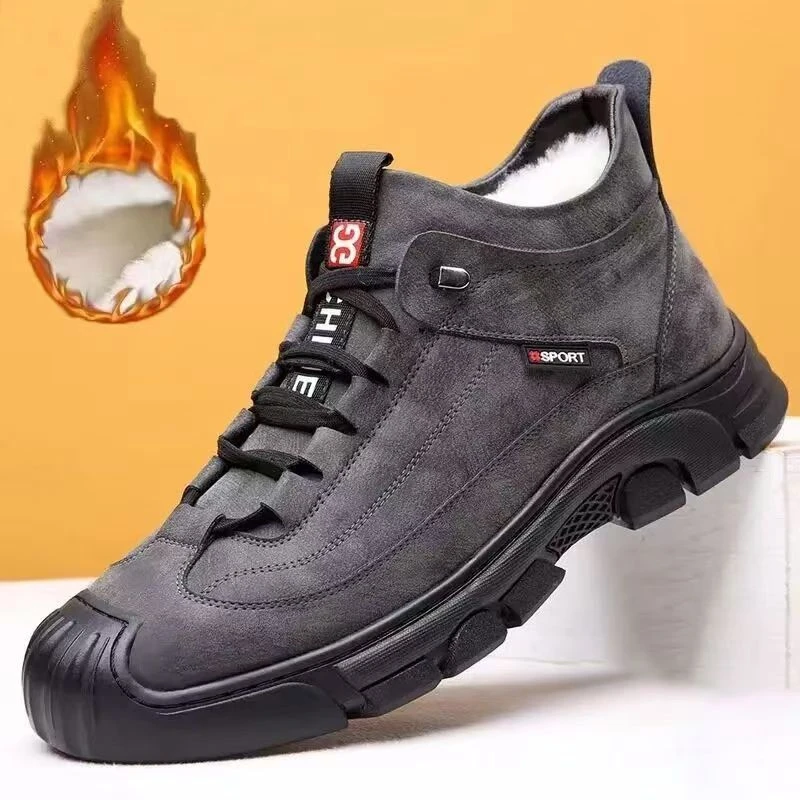 男士棉鞋男士冬季软底加绒保暖软皮休闲高帮长毛防寒防滑雪地鞋男