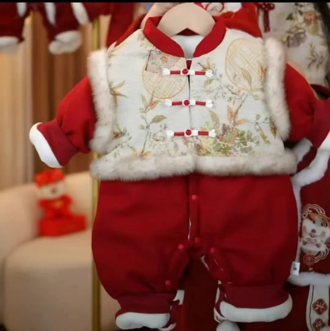 国风新中式半甲假两件六片帽厚棉哈衣