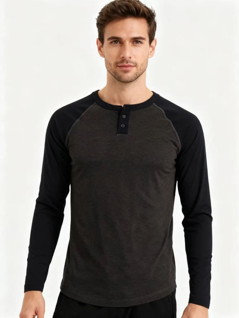 男士亨利领拼接插肩袖撞色长袖T恤休闲上衣 S16