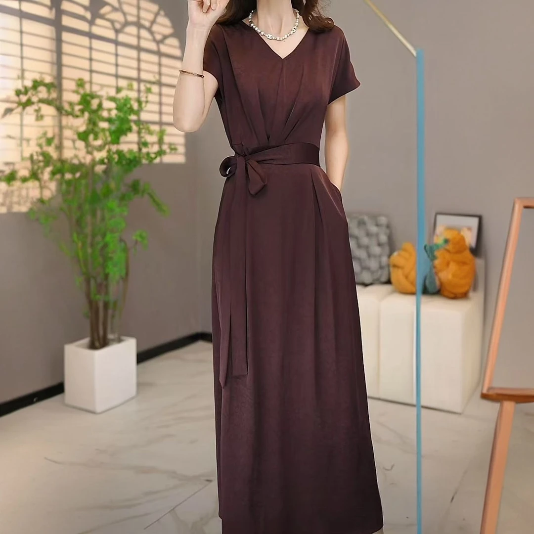 高档芙蓉缎修身显瘦连衣裙2025夏季新款时尚气质中长款优雅礼服裙