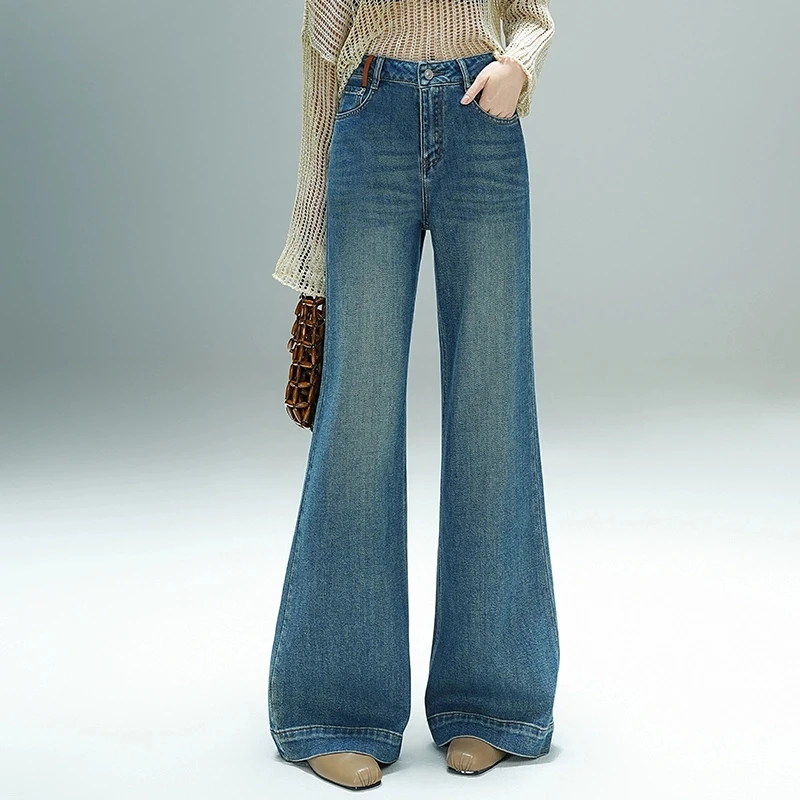盼之复古大阔腿牛仔裤女2025年春季新款高腰小个子垂感直筒拖地裤