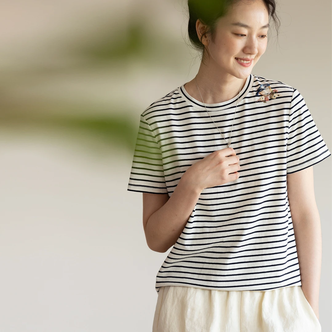 牧衣游原创条纹纯棉T恤女夏轻薄舒适经典新品休闲百搭短袖 小桃夭