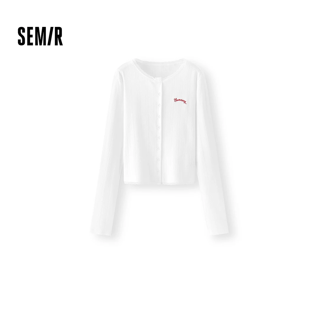 森马长袖T恤女短款提花刺绣小众2025新款蕾丝花边修身开衫温柔