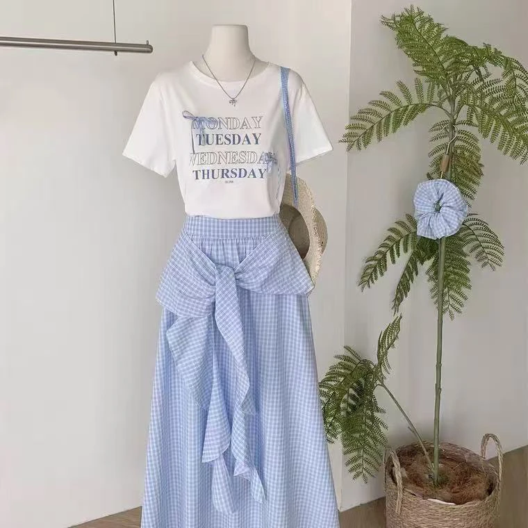 少女风时尚套装韩版时尚洋气高腰短袖裙子三件套装