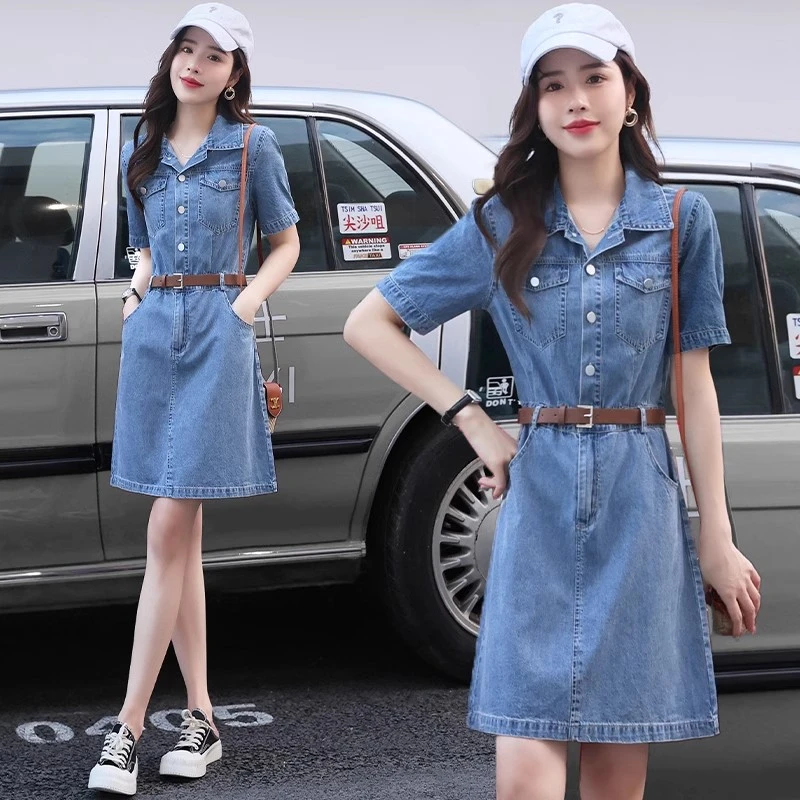 夏季薄款牛仔连衣裙子新款高腰复古时尚气质宽松显瘦中长款女款裙