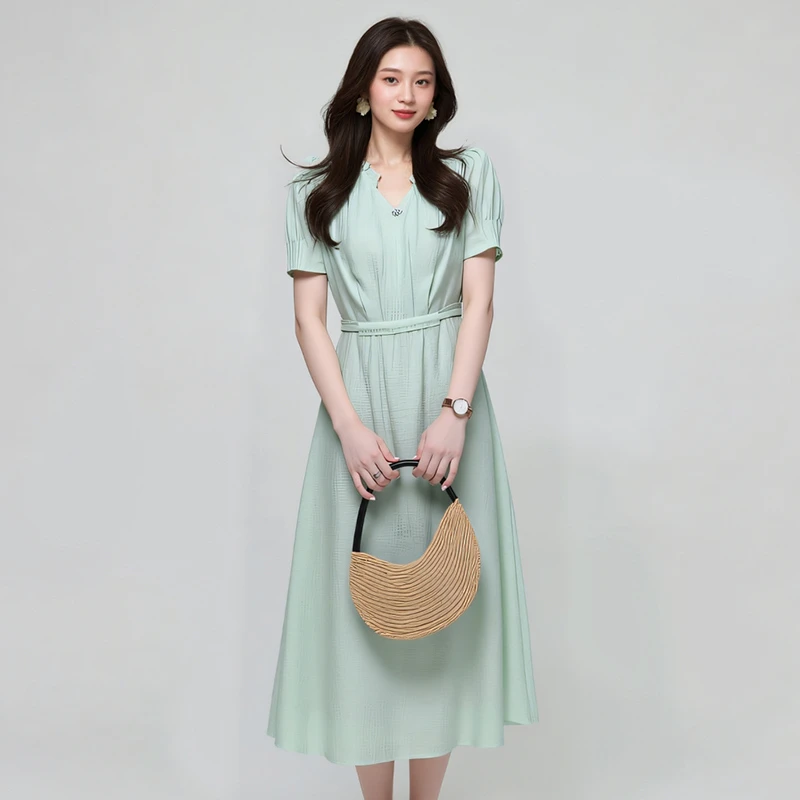 庄姿妮收腰法式V领口连衣裙中长款夏季新女士Q485