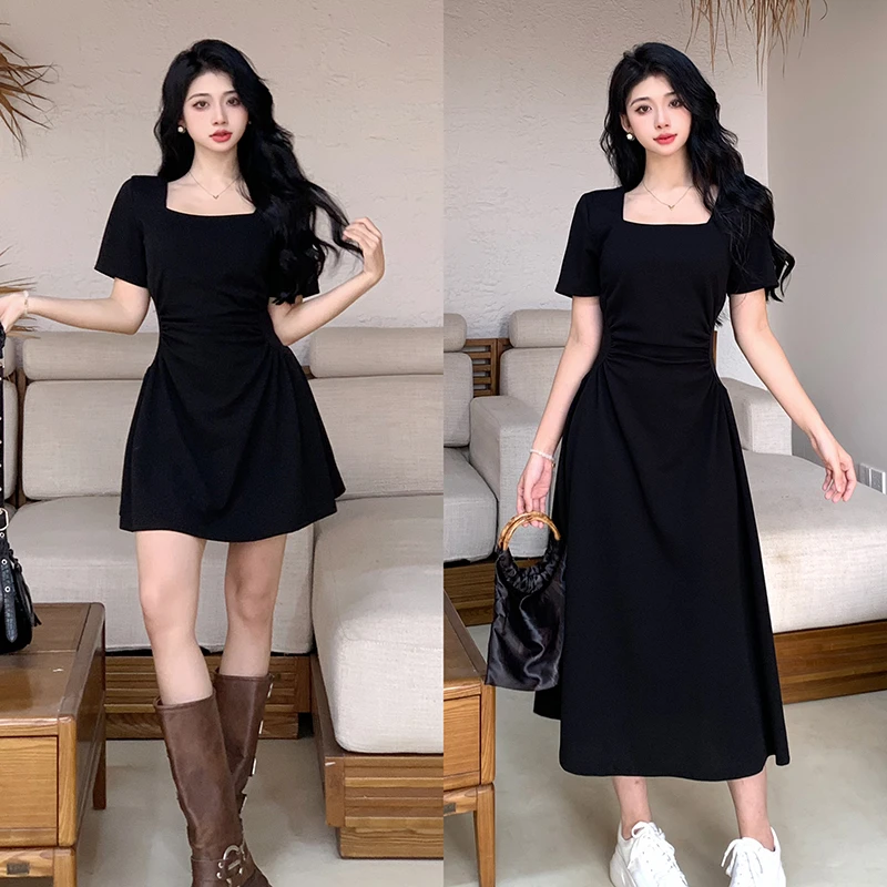 大码胖mm新款方领收腰遮肚子韩版小黑裙长款连衣裙短袖短裙女