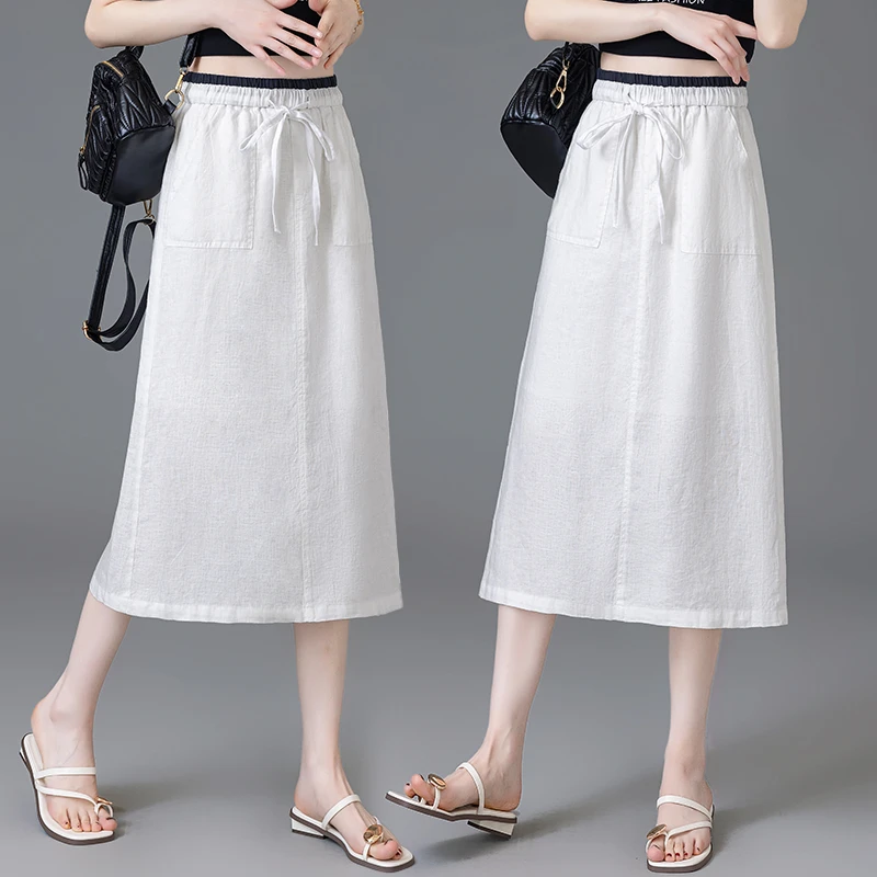 天丝亚麻半身裙女2025夏季新款薄款透气垂感舒适中长款休闲A字裙