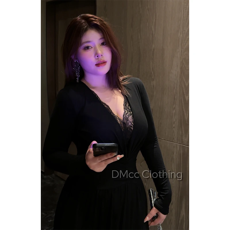DMcc【钓系蕾丝】性感蕾丝长袖连衣裙黑色修身收腰显瘦气质秋季长裙