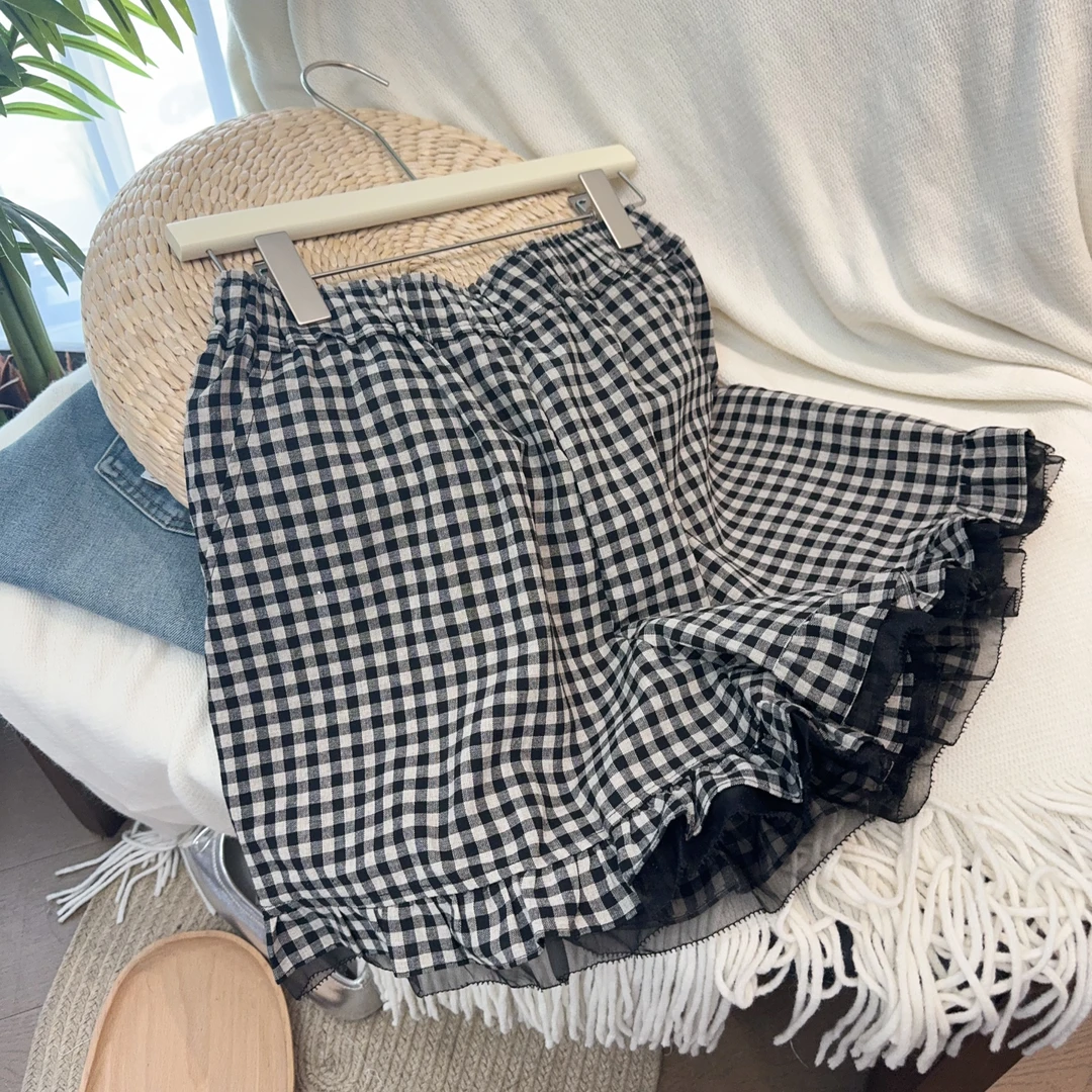 格子薄款格纹立体剪裁休闲裤夏季百搭短裤复古