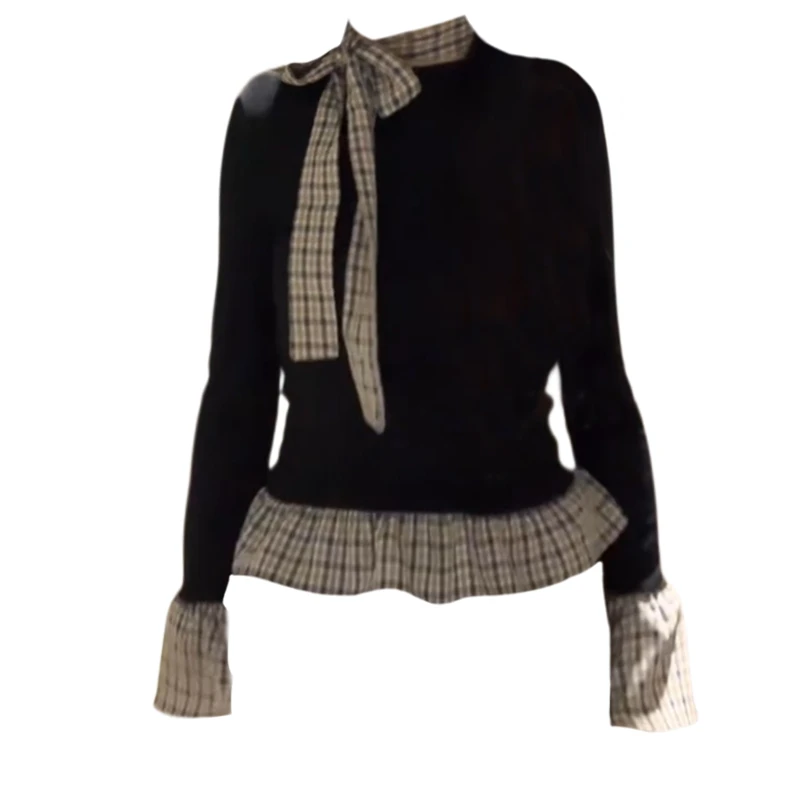 韩系复古假两件格纹拼接打底衫女秋冬黑色内搭收腰辣妹长袖上衣
