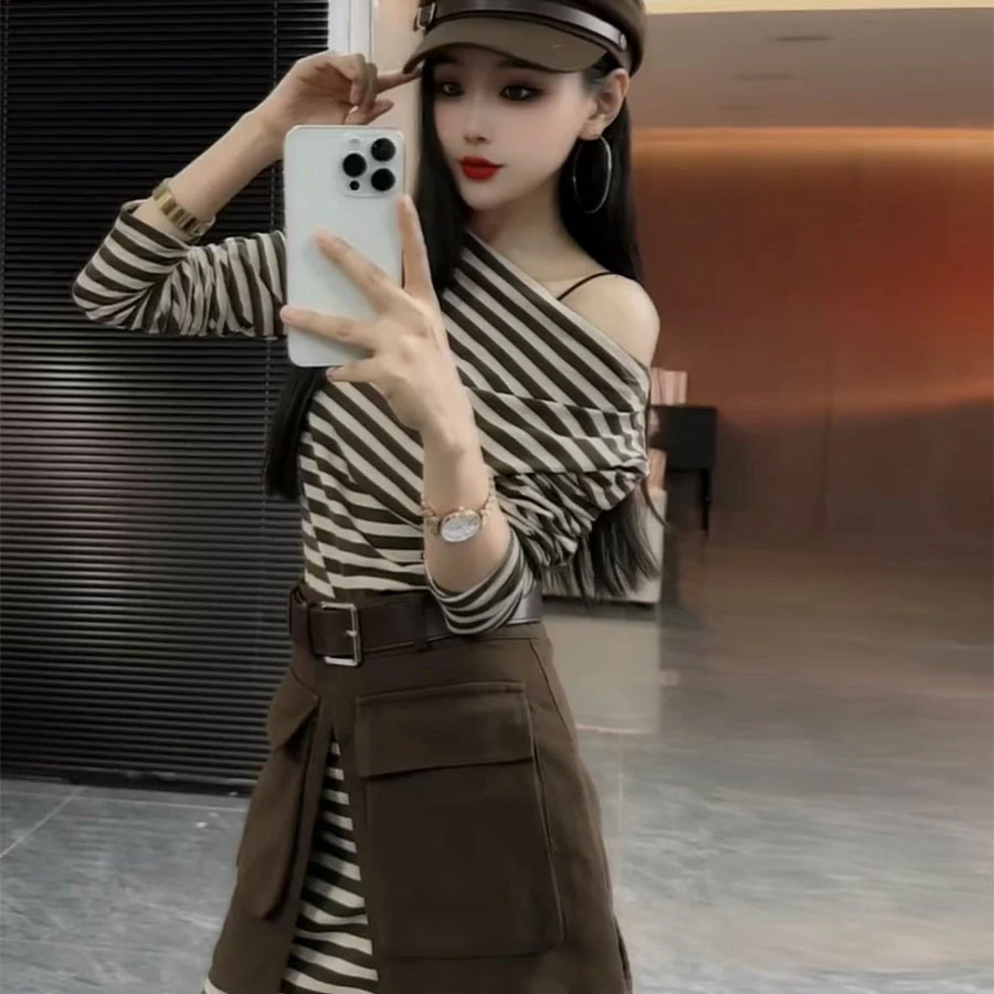 韩系慵懒风一字肩条纹长袖T恤2025秋季新款工装半身裙两件套装女