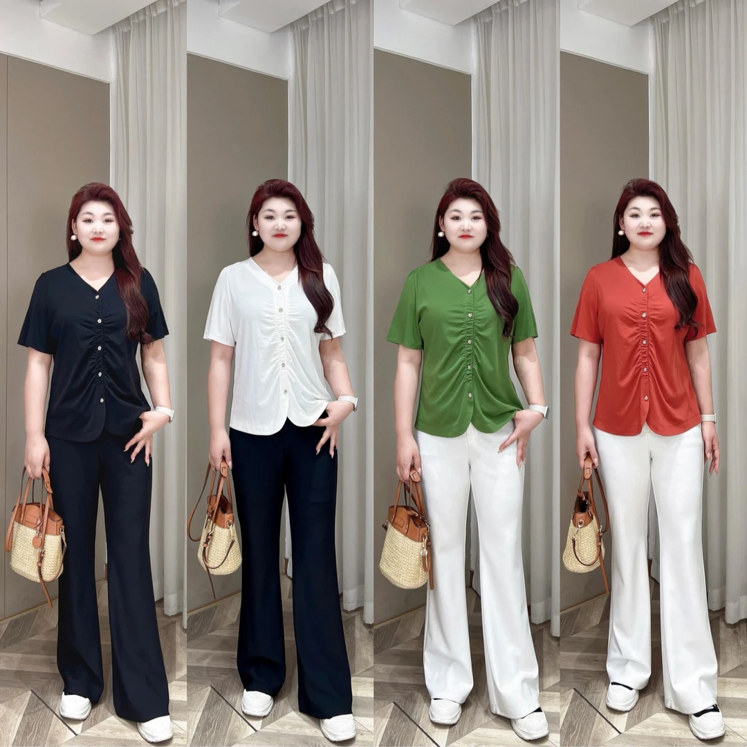 上衣【现货仅上衣】PMM81819夏季新款v领褶皱开叉上衣气质显瘦短袖