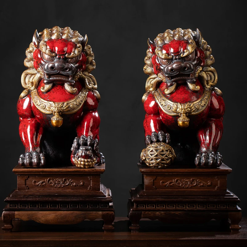 陶瓷狮子摆件一对招财新中式家居装饰品家用客厅玄关吉祥工艺品