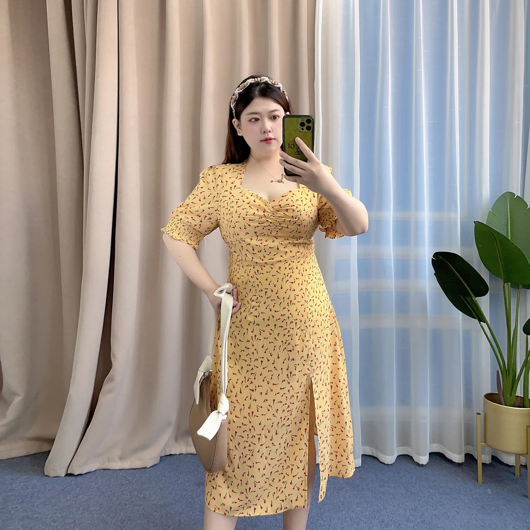 35151方领碎花连衣裙夏季新款大码女装收腰显瘦温柔风桔梗长裙
