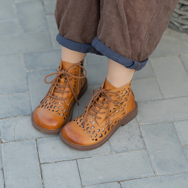 2036-11朴艺25年新款百搭休闲厚底复古真皮短靴舒适圆头镂空单靴