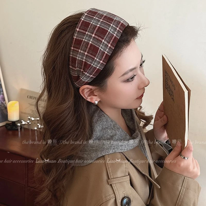 复古毛呢格子宽边发箍女高级感新款优雅头箍秋冬高颅顶发饰遮发缝