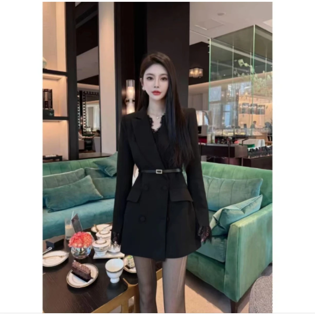 法式气质重工西服外套女2025春秋新款高级感蕾丝拼接气质通勤西装