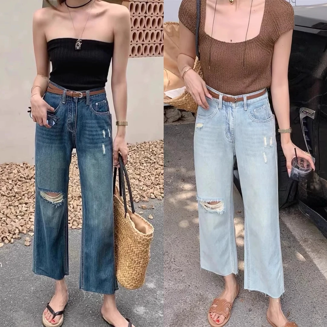 超薄莱赛尔毛边破洞宽松直筒天丝牛仔裤女夏季薄款裤子九分