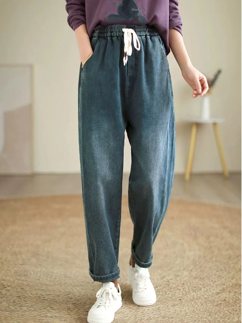 049秋冬复古水洗棉牛仔裤女宽松系带直筒微弹哈伦长裤女