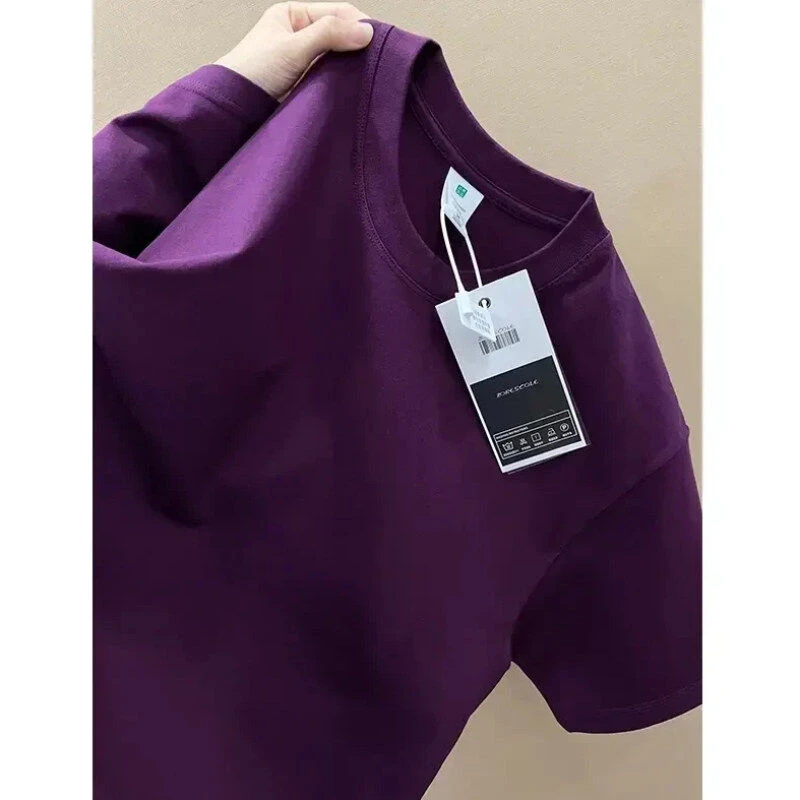 乌梅紫重磅新疆长绒棉T恤男夏季美式小领口短袖三本针纯棉半截袖