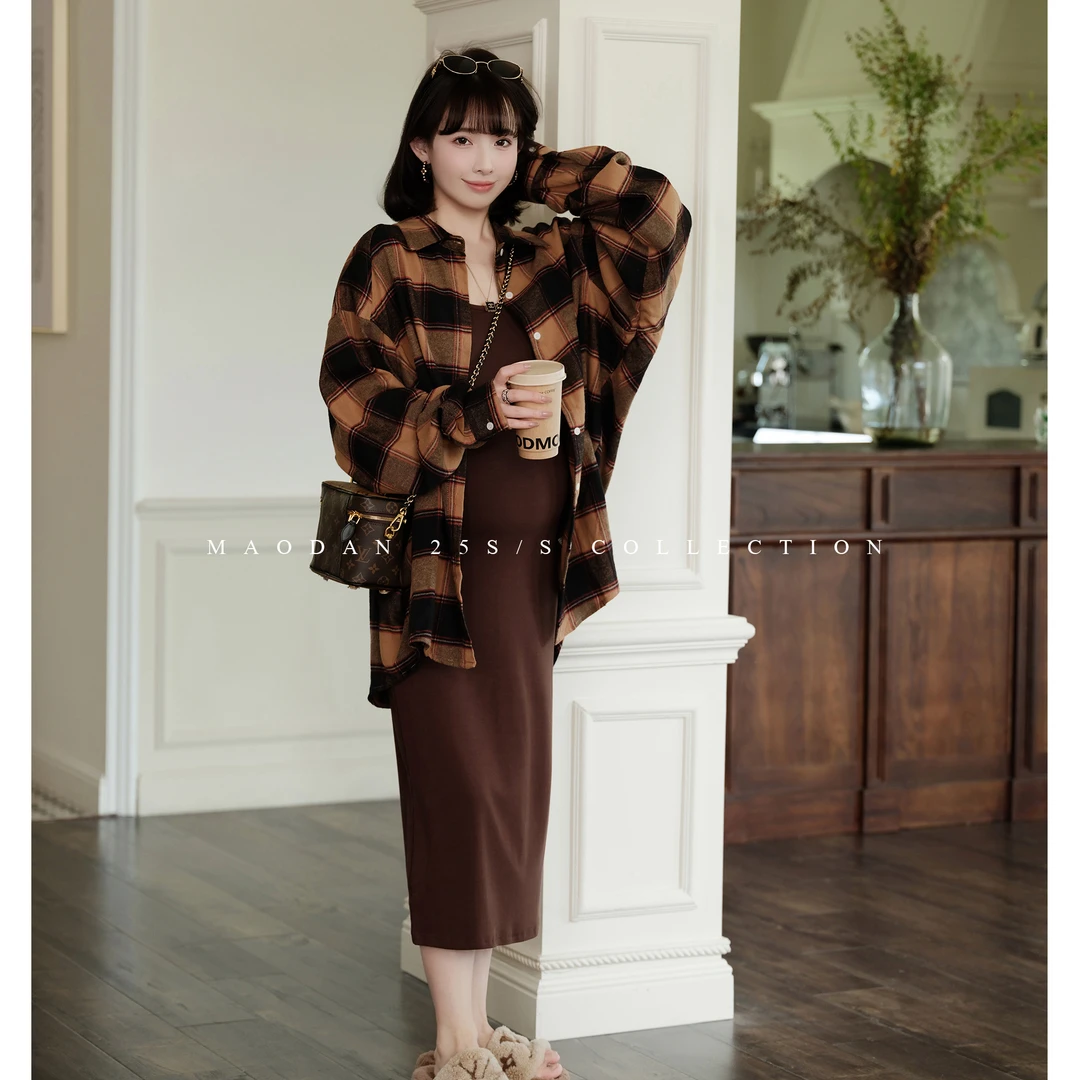 maodan/猫单【巴塞罗那】孕妇装秋季复古格纹休闲风时尚外套吊带裙