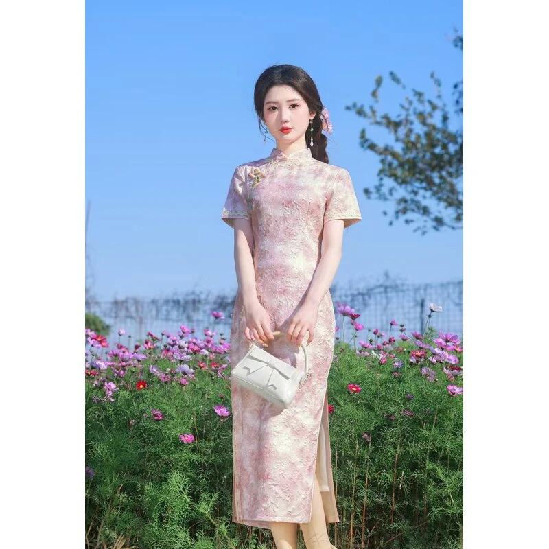 A102605,春夏新款国风复古新中式清新淡雅修身日常旗袍裙中国风