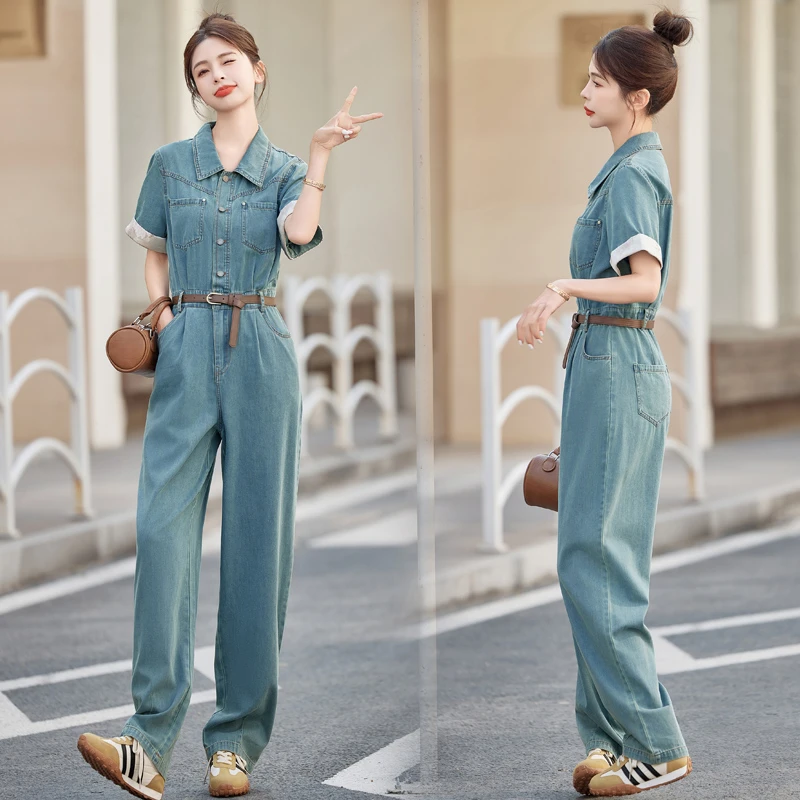 复古短袖牛仔连体裤女春夏季小个子窄版阔腿裤收腰工装连体衣裤子