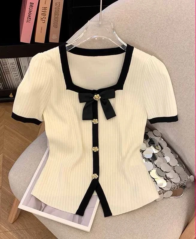 【F001-F100】2025夏季新款针织短袖开衫薄设计感小香风上衣