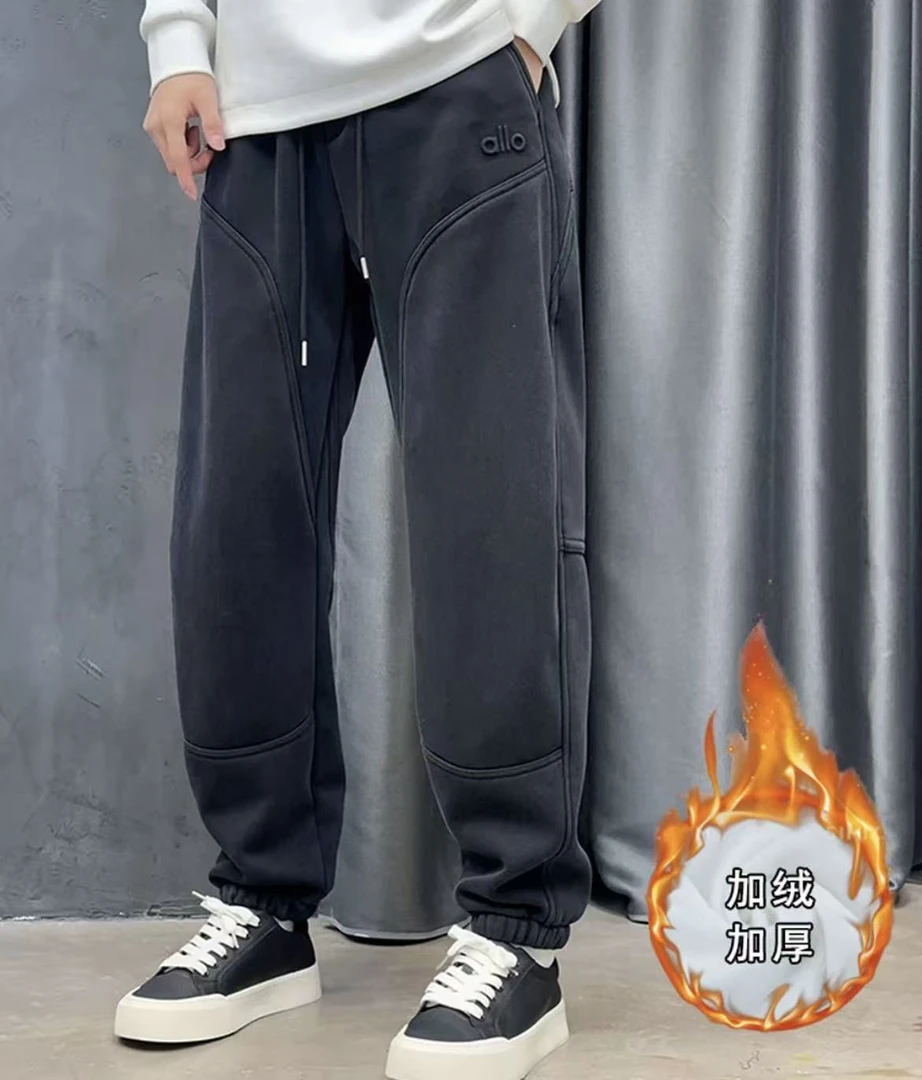 秋冬潮牌复古做旧水洗男加厚加绒休闲卫裤微弹宽松百搭束脚裤