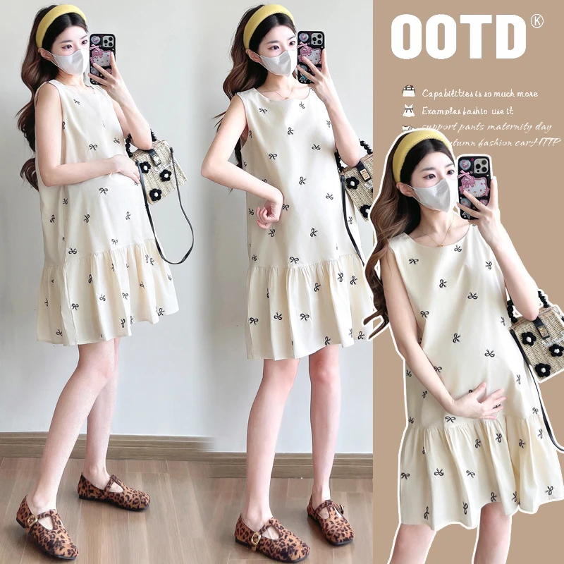 2025孕妇装夏季新款时尚背心蝴蝶结孕妇连衣裙A字裙