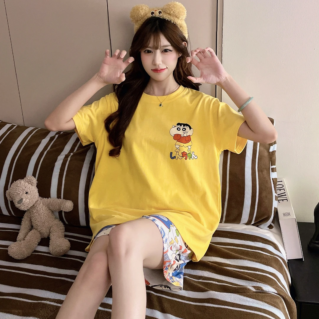 少女睡衣夏季纯棉圆领薄款卡通蜡笔小新青少年学生外穿家居服套装