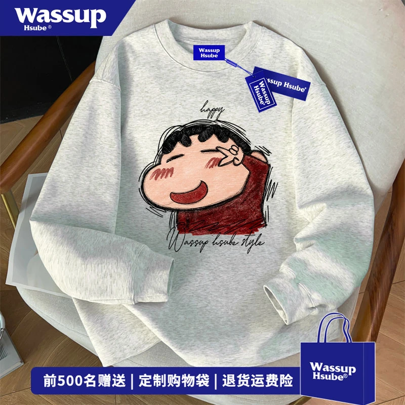 WASSUP HSUBE 美式蜡笔小新印花白灰色长袖T恤秋季百搭打底上衣男