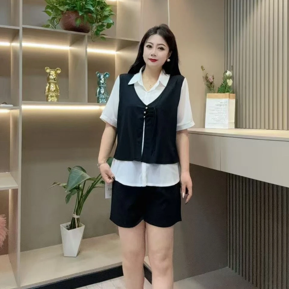 夏季半袖-酷 3516时尚气质潮流微透假两件显瘦款胖MM大码女装新款