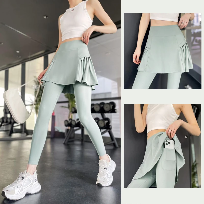 高腰瑜伽运动速干假两件裙裤春秋时尚羽毛球打底裤口袋防走光显瘦