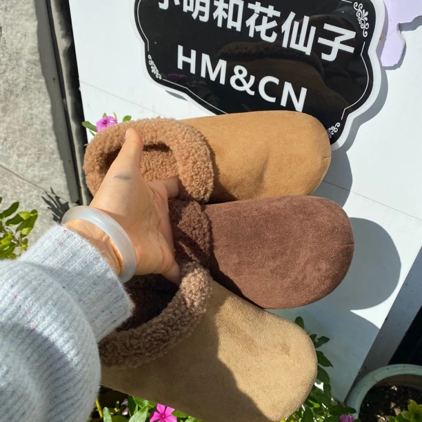 【花仙子】 冬季加绒女包头58312款拼色极简风包头拖浅口勃肯拖鞋