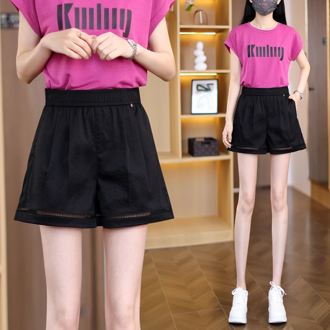 黑色休闲短裤女2025新款夏季薄款外穿热裤宽松休闲高腰阔腿a字裤