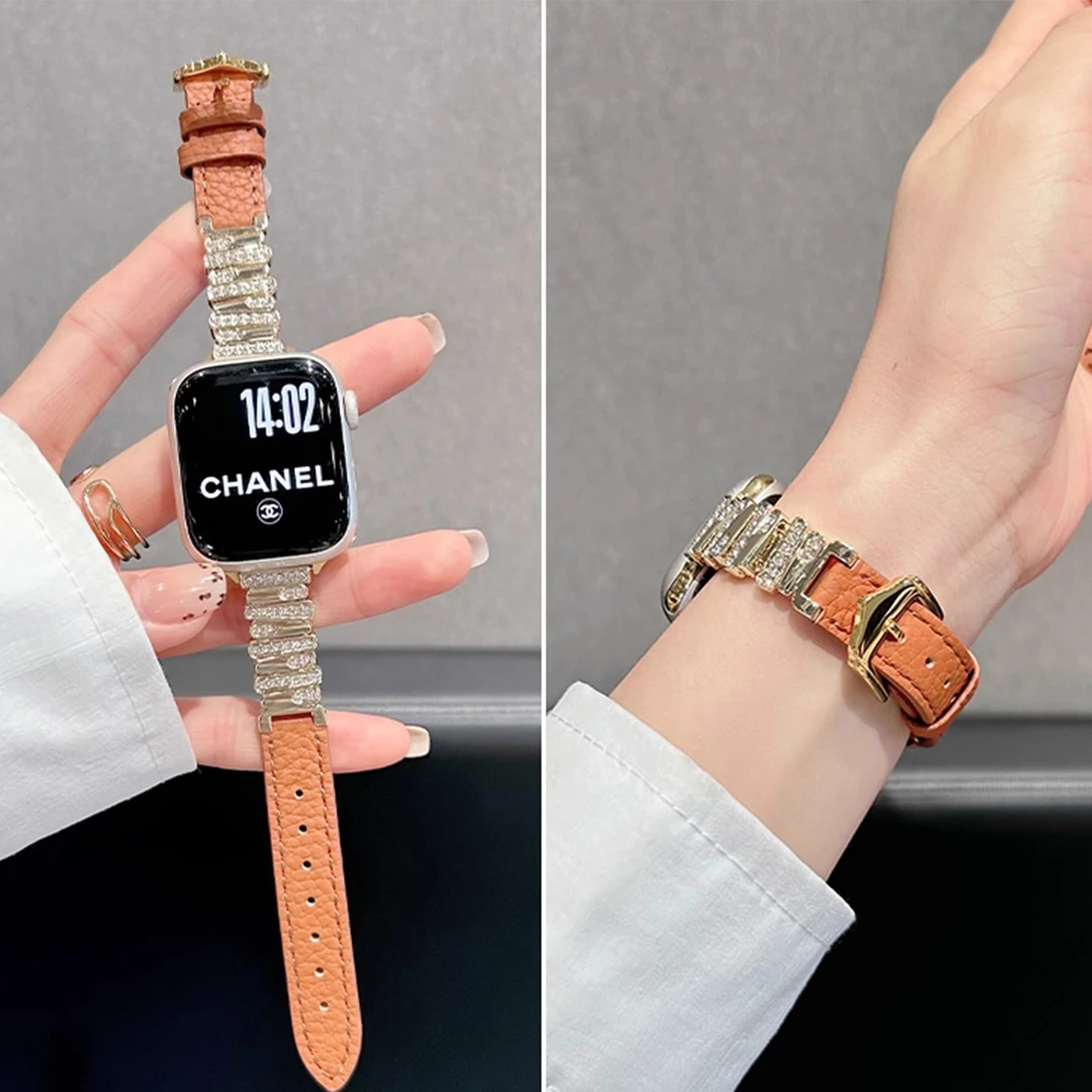 适用苹果手表S11轻奢iwatchS10不规则S9镶钻荔枝纹拼皮质GT5表带