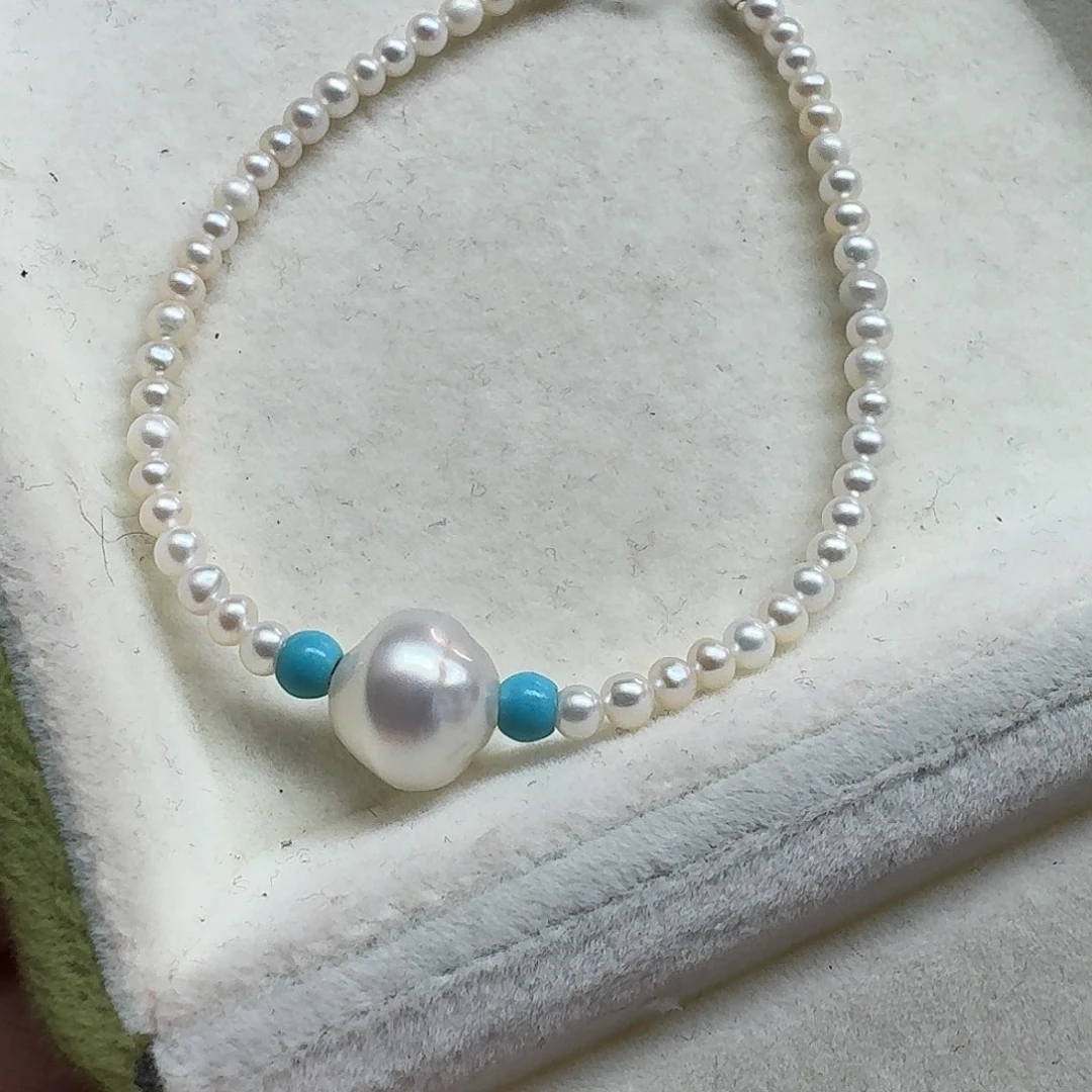 海水珍珠颈饰银S925镶嵌海水澳白10.2mm+小米珠手链