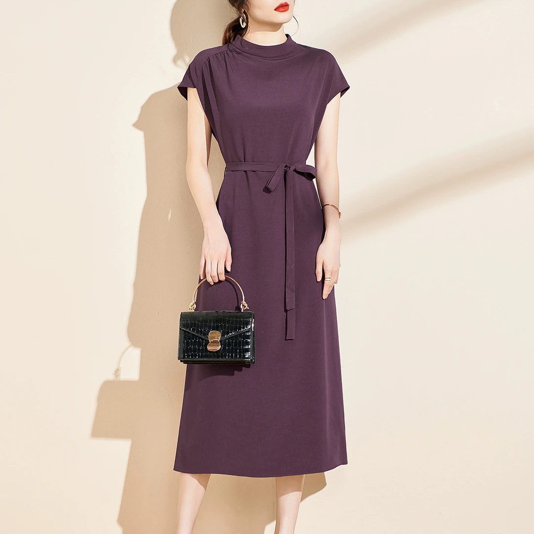 今年流行爆款落肩气质短袖系带修身显瘦中长款2025夏装新连衣裙女